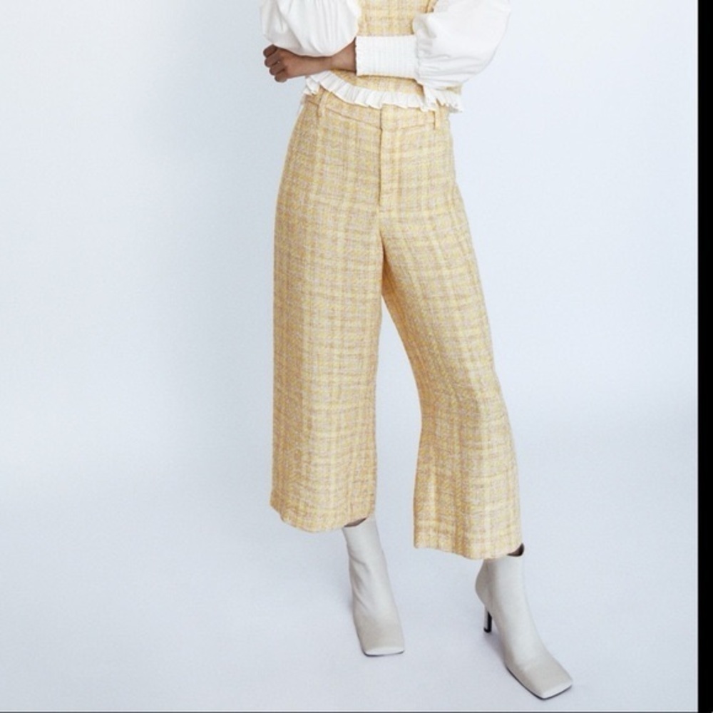 ZARA TWEED TROUSER Cropped Pants Wide Leg Culottes Large Womens Knit Yellow - Picture 2 of 15